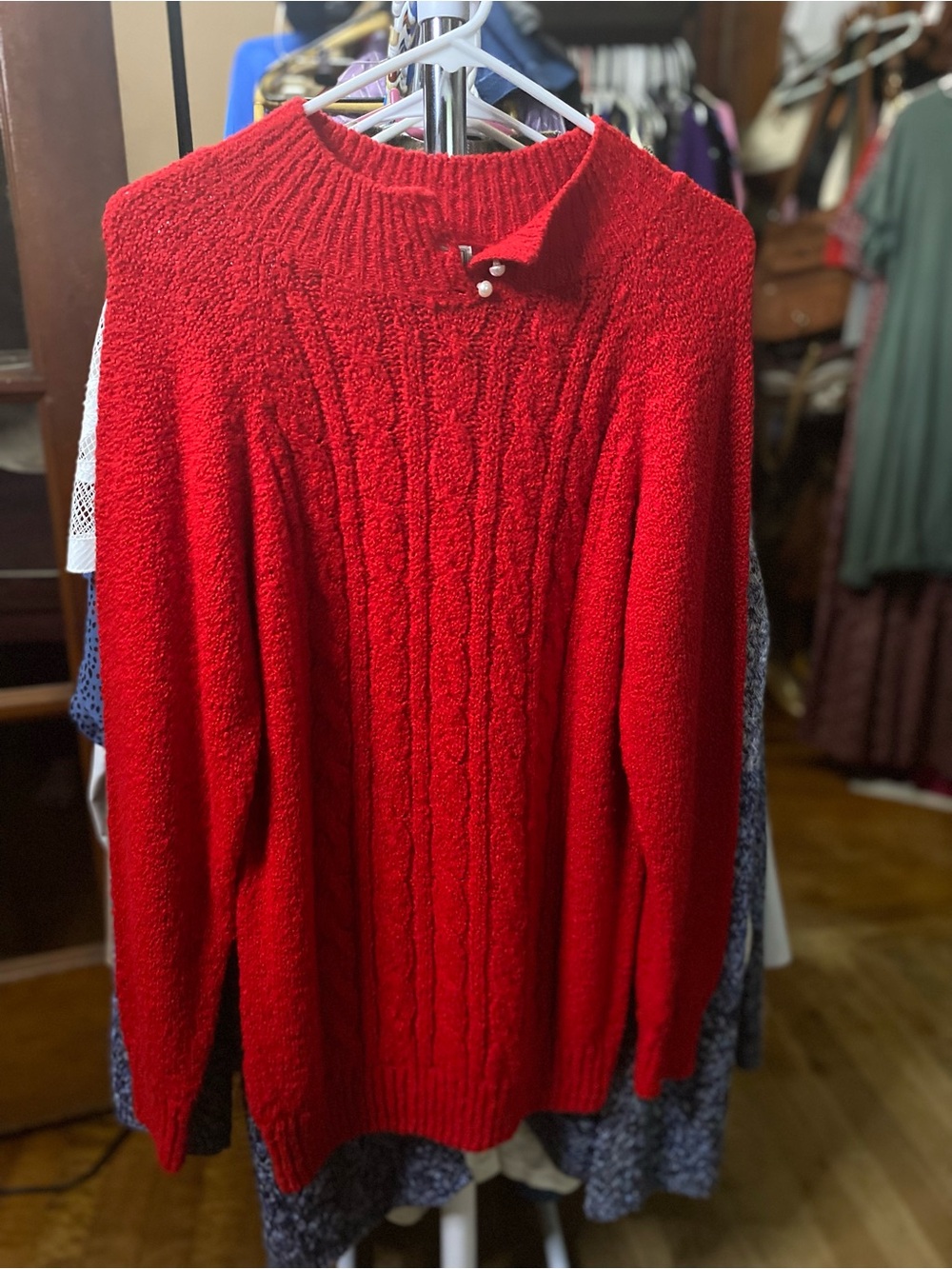 Jennifer Moore Red Cable-Knit Crewneck Sweater w/ pearl button neckline